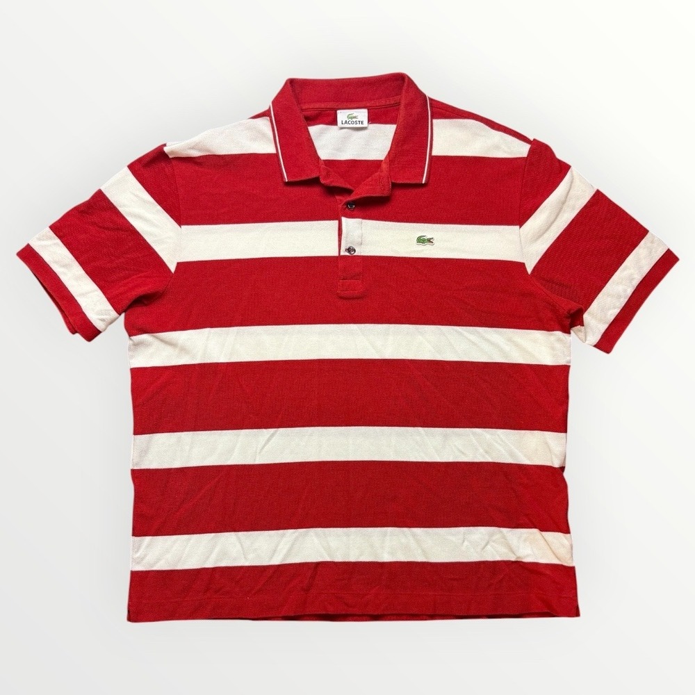 Lacoste Mens Striped Pique Polo Shirt Red White Size 7 XL Short Sleeve